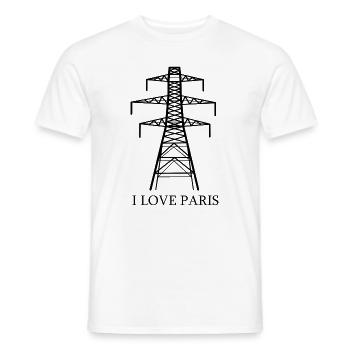 Power pylon as Eiffel Tower "I Love Paris" satire - Men's T-Shirt - white - Front - AI Model Male 178 dark (178cm)