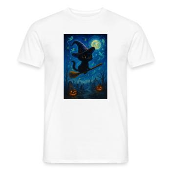 Black cat with witch's broom - Men's T-Shirt - white - Front - AI Model Male 178 dark (178cm)