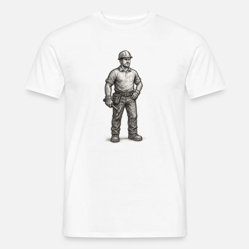 Grob skizzierter Bauarbeiter mit Hammer - Männer T-Shirt - Weiß