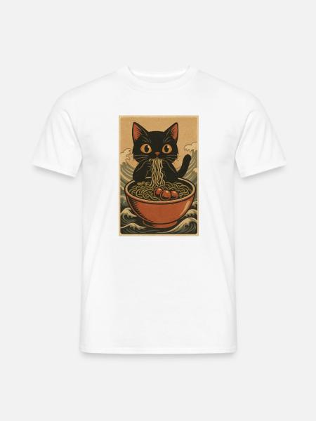 Katzennudelschüssel in den Wellen des Meeres, Katzen - Männer T-Shirt - Weiß