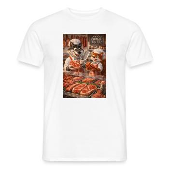 Mr. Wolf and Mr. Squirrel in a butcher's shop - Men's T-Shirt - white - Front - AI Model Male 178 dark (178cm)