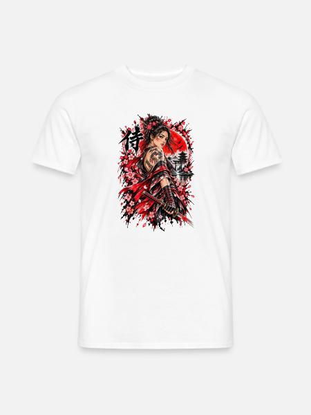 Japan Samurai Kriegerin – Sakura Design - Männer T-Shirt - Weiß