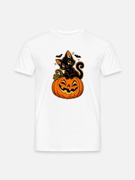 Schwarze Katze auf Kürbis - Männer T-Shirt - Weiß