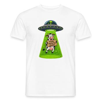 UFO Kuh: Endlich Verlassen Diesen Planeten - Männer T-Shirt - Weiß - Vorne - AI Model Male 178 dark (178cm)