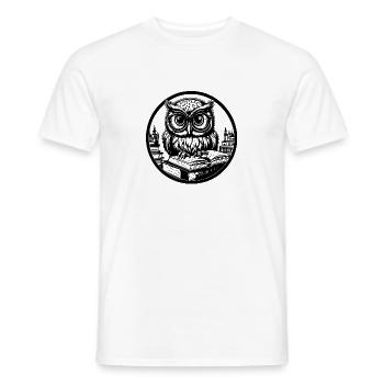 Little funny owl with glasses sitting on book - Men's T-Shirt - white - Front - AI Model Male 178 dark (178cm)
