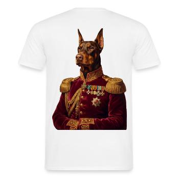 Dobermann Portrait: Der Königliche General - Männer T-Shirt - Weiß - Hinten - AI Model Male 178 dark (178cm)