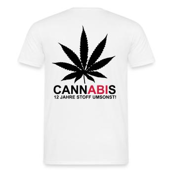 ABIMOTTO - CannABIs - 12 JAHRE STOFF UMSONST! - - Männer T-Shirt - Weiß - Hinten - AI Model Male 178 dark (178cm)