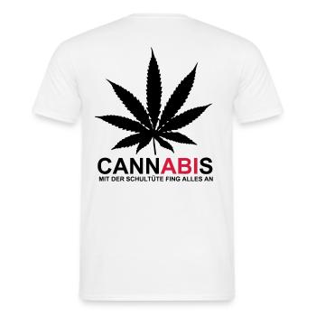 ABIMOTTO - CannABIs - MIT DER SCHULTÜTE FING ALLES - Männer T-Shirt - Weiß - Hinten - AI Model Male 178 dark (178cm)