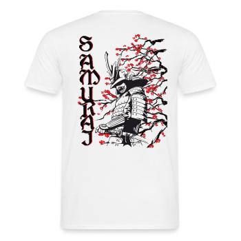 Samurai mit Kirschblüten - Männer T-Shirt - Weiß - Hinten - AI Model Male 178 dark (178cm)