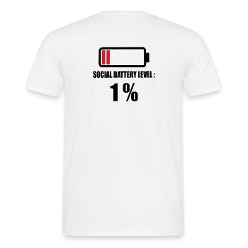 Cadeau humour geek Social battery level : 1% - T-shirt homme - blanc - Dos - AI Model Male 178 dark (178cm)