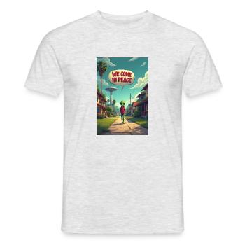Ein netter, kleiner Alien entsteigt seinem UFO - Männer T-Shirt - Grau meliert - Vorne - AI Model Male 178 dark (178cm)