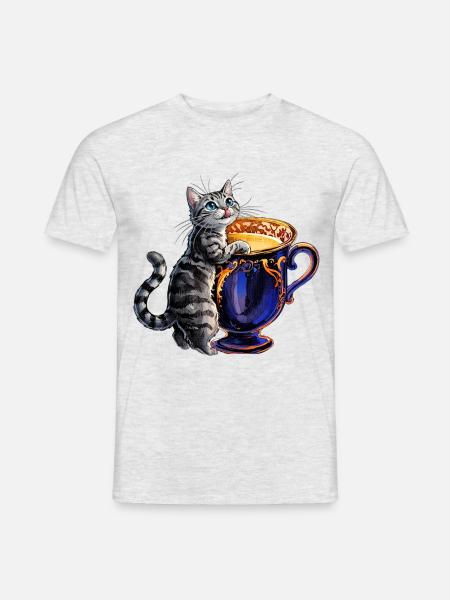 Süße Katze mit Kaffeetasse Digital Art - Männer T-Shirt - Grau meliert