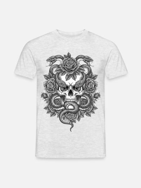 Tête de mort skull vintage original fleurs serpent - T-shirt homme - gris chiné