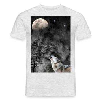 Loup hurlant avec la lune, les arbres et la fumée / nuages - T-shirt homme - gris chiné - Devant - AI Model Male 178 dark (178cm)