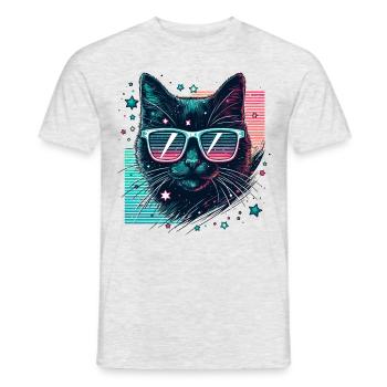 80er Jahre Katze Neon Sonnenbrille cool Katzenmama - Männer T-Shirt - Grau meliert - Vorne - AI Model Male 178 dark (178cm)