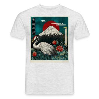 Grue couronnée rouge et mont Fuji - T-shirt homme - gris chiné - Devant - AI Model Male 178 dark (178cm)