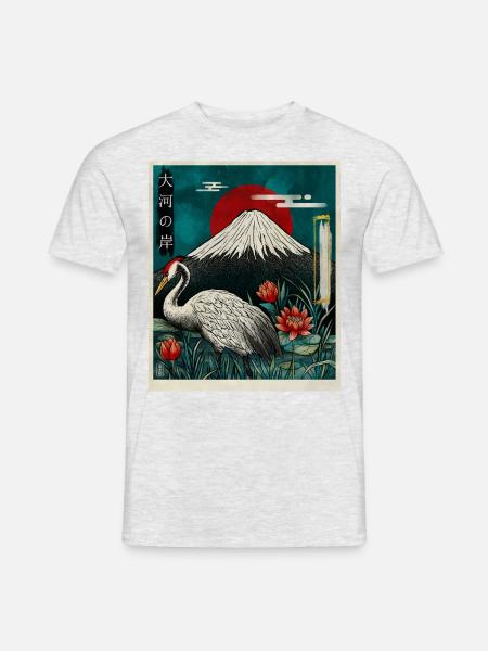 Rotkronenkranich und Mount Fuji - Männer T-Shirt - Grau meliert