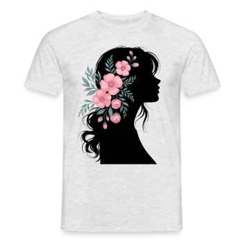 Elegante Frauensilhouette mit Blumen im Haar - Männer T-Shirt - Grau meliert - Vorne - AI Model Male 178 dark (178cm)