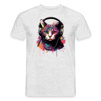 Chat coloré avec casque - T-shirt homme - gris chiné - Devant - AI Model Male 178 dark (178cm)