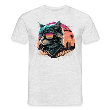 Synthwave Style Cat - Men's T-Shirt - heather grey - Front - AI Model Male 178 dark (178cm)