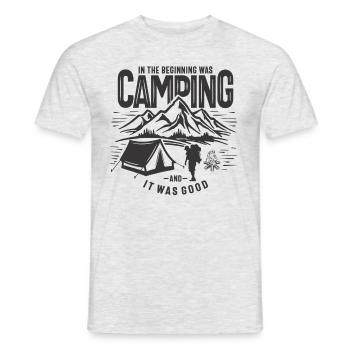 In The Beginning Was Camping Outdoor Adventure - Men's T-Shirt - heather grey - Front - AI Model Male 178 dark (178cm)