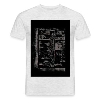 Expressionist_Crucifixion_Woodcut_Art - Männer T-Shirt - Grau meliert - Vorne - AI Model Male 178 dark (178cm)