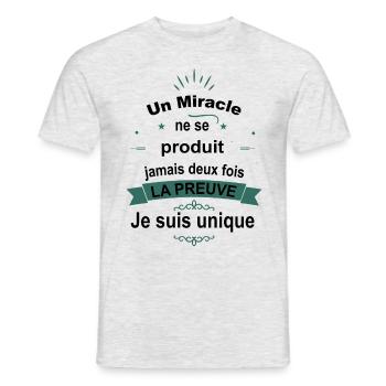 Citation Drôle • Je suis Unique • Miracle Cadeaux - T-shirt homme - gris chiné - Devant - AI Model Male 178 dark (178cm)