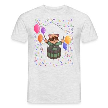 Katze spielt Schlagzeug Geburtstagsparty - Männer T-Shirt - Grau meliert - Vorne - AI Model Male 178 dark (178cm)