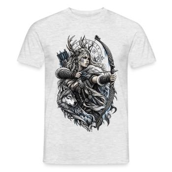 Wikinger Bogenschützin mit Wolf – Noventra - Männer T-Shirt - Grau meliert - Vorne - AI Model Male 178 dark (178cm)