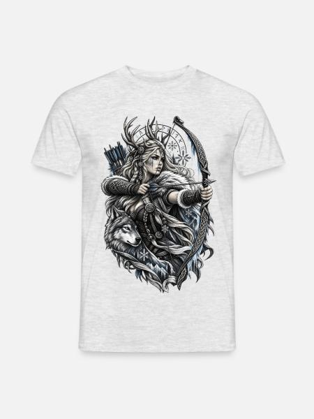 Wikinger Bogenschützin mit Wolf – Noventra - Männer T-Shirt - Grau meliert