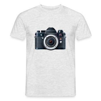 Digitalkamera mit Blitz in einer 2D-Illustration - Männer T-Shirt - Grau meliert - Vorne - AI Model Male 178 dark (178cm)