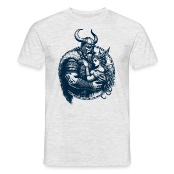 Wikinger-Krieger hält seine Freya Valkyrie - Männer T-Shirt - Grau meliert - Vorne - AI Model Male 178 dark (178cm)