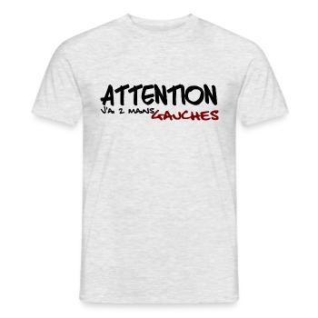 humour - attention j'ai deux mains gauches - - T-shirt homme - gris chiné - Devant - AI Model Male 178 dark (178cm)