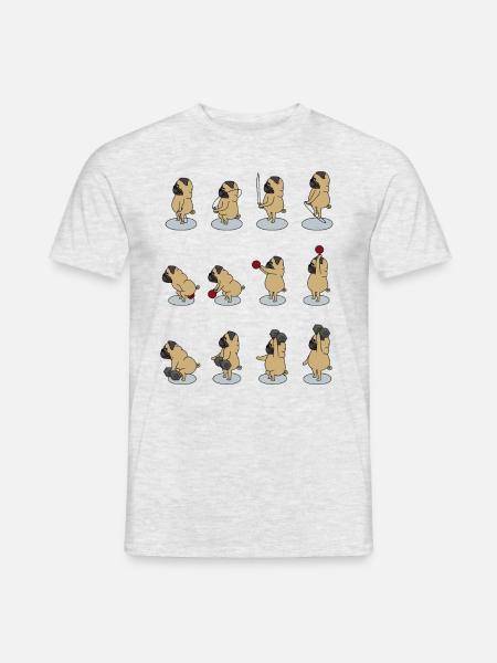 monter mops uprawia sport z Dumbbell, Kettlebell - T-shirt męski - szary melanż