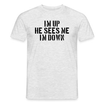 Ich bin oben, er sieht mich - Männer T-Shirt - Grau meliert - Vorne - AI Model Male 178 dark (178cm)