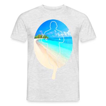 Coureur et mer sur la plage, empreintes de pas dans le sable - T-shirt homme - gris chiné - Devant - AI Model Male 178 dark (178cm)