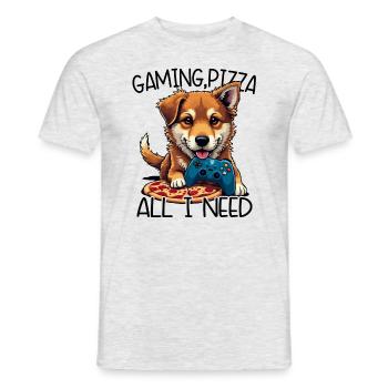 Funny Dog Gaming Pizza Gamer Gamer Gaming - Men's T-Shirt - heather grey - Front - AI Model Male 178 dark (178cm)