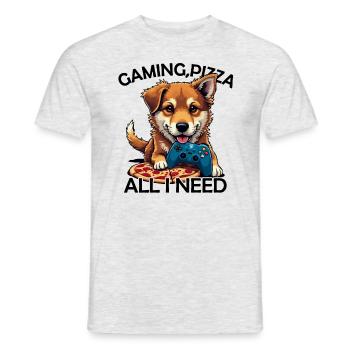 Funny Dog Gaming Pizza Gamer Gamer Gaming - Men's T-Shirt - heather grey - Front - AI Model Male 178 dark (178cm)