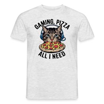Funny Cats Gaming Pizza Gamer Gamer Gaming - Men's T-Shirt - heather grey - Front - AI Model Male 178 dark (178cm)