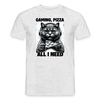 Funny Cats Gaming Pizza Gamer Gamer Gaming - Men's T-Shirt - heather grey - Front - AI Model Male 178 dark (178cm)