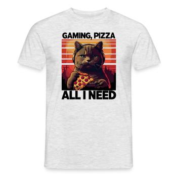 Funny Cats Gaming Pizza Gamer Gamer Gaming - Men's T-Shirt - heather grey - Front - AI Model Male 178 dark (178cm)
