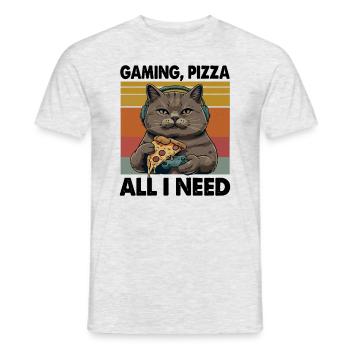 Funny Cats Gaming Pizza Gamer Gamer Gaming - Men's T-Shirt - heather grey - Front - AI Model Male 178 dark (178cm)