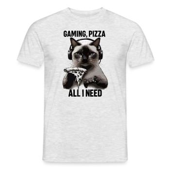 Funny Cats Gaming Pizza Gamer Gamer Gaming - Men's T-Shirt - heather grey - Front - AI Model Male 178 dark (178cm)