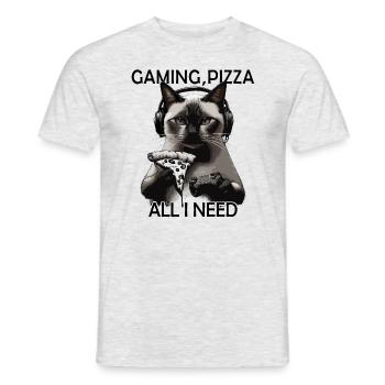 Funny Cats Gaming Pizza Gamer Gamer Gaming - Men's T-Shirt - heather grey - Front - AI Model Male 178 dark (178cm)