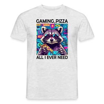 Funny Raccoon Gaming Pizza Gamer Gamer Gaming - Men's T-Shirt - heather grey - Front - AI Model Male 178 dark (178cm)