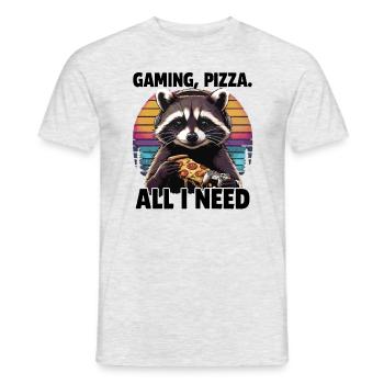 Funny Raccoon Gaming Pizza Gamer Gamer Gaming - Men's T-Shirt - heather grey - Front - AI Model Male 178 dark (178cm)