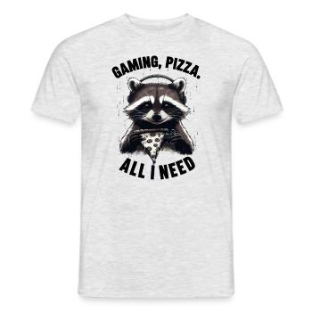 Funny Raccoon Gaming Pizza Gamer Gamer Gaming - Men's T-Shirt - heather grey - Front - AI Model Male 178 dark (178cm)