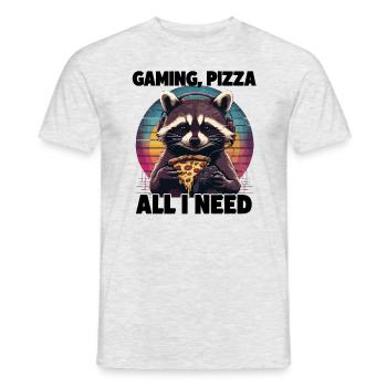 Funny Raccoon Gaming Pizza Gamer Gamer Gaming - Men's T-Shirt - heather grey - Front - AI Model Male 178 dark (178cm)