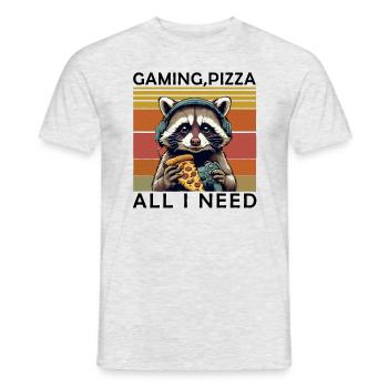 Funny Raccoon Gaming Pizza Gamer Gamer Gaming - Men's T-Shirt - heather grey - Front - AI Model Male 178 dark (178cm)