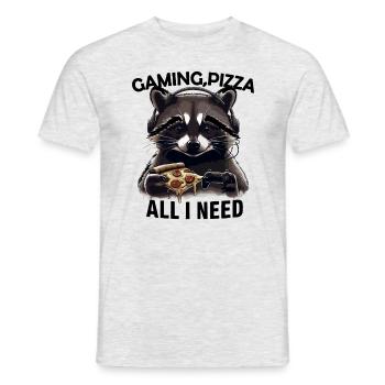 Funny Raccoon Gaming Pizza Gamer Gamer Gaming - Men's T-Shirt - heather grey - Front - AI Model Male 178 dark (178cm)